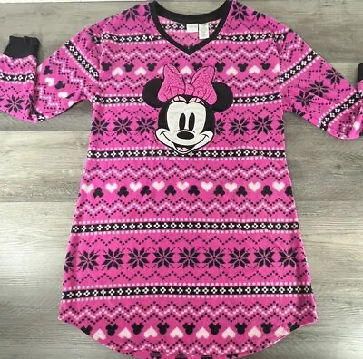 Disney Minnie Mouse Pajamas S/M Womens Fleece Night Sleep Shirt PJs Black Pink • £8.71