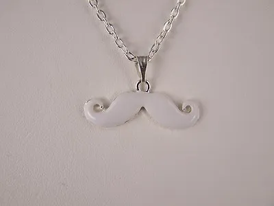White Silver Mustache Handlebar Moustache Pendant Charm 16  Long Chain Necklace • $6.99