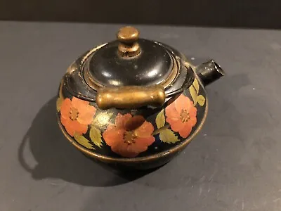 Vintage Small Painted Metal Teapot  With Copper Handle - Signed MEW On Bottom • $5