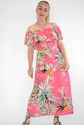  SALE  Cerise Pink+Tropical Ruffle Off Shoulder Midi/Maxi Summer Dress Size 8-12 • £8