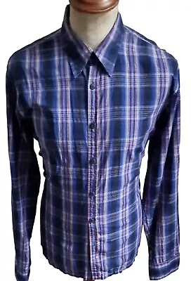 PAUL SMITH Blue Check Gold Glitter Wing Collared Shirt  Large /16  • £25