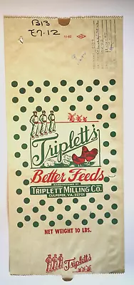 LARGE Vintage Paper Sack Bag - TRIPLETT'S BETTER FEEDS TRIPLETT MILLING VA 1982 • $18