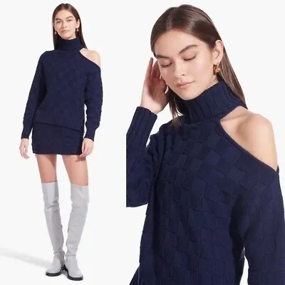 $179 • Buy STAUD Rockey Cold Shoulder Navy Blue Basket Weave Turtleneck Sweater Size L NWT
