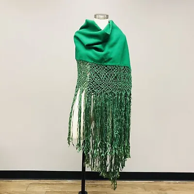 Vintage Irish Green Wool Wrap Shawl Crocheted Ribbon Tassel Fringe • $99.99