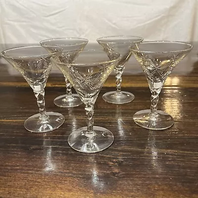 Vintage MCM Martini Glasses Etched Starburst Set Of 5 Small 4.5” Tall • $29.99