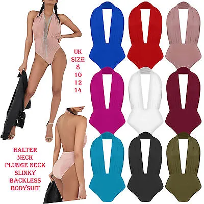 £9.99 • Buy Womns Ladies Halterneck Plunge Neck Slinky Backless Bodysuit Leotard Stretch Top