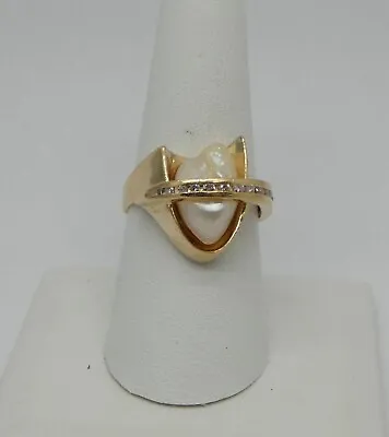 Modern Space Age 14k Ring W/ Mississippi River Pearl & Band Of Diamonds • $875