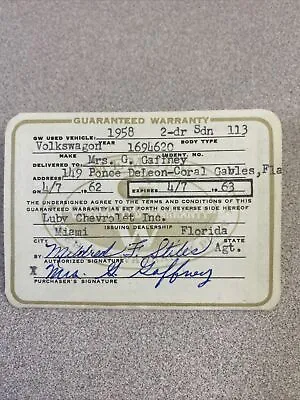 Volkswagen Beetle Classic Parts 1958 Warranty Card Dated 4/7/1962 • $10