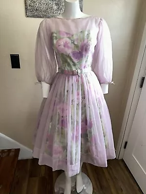 1950s Lilac Floral Chiffon Party Prom Dress • $38
