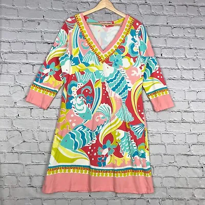 Barbara Gerwit Dress Womens Large Pink Blue V Neck A Line Cotton Stretch Fish • $38.88
