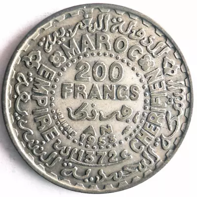 1954 MOROCCO 200 FRANCS - AU - RARE TYPE Excellent Vintage Silver Coin - Lot A17 • $5