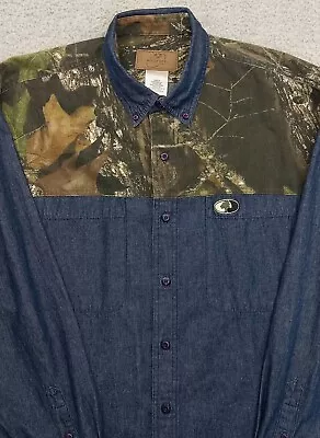 Mossy Oak Jean Shirt XL Mens Hunting Blue Denim Camouflage Long Sleeve • $21.20