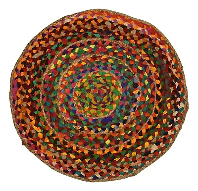 Fair Trade Recycled Cotton & Jute Round Rag Rug - Multicolour Rainbow 50cm (RD4) • £15.49