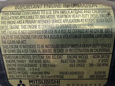 99-04 Mitsubishi Fuso FE 4D34 3.9L. DIESEL ENGINE Free Shipping No Core Charge • $3995