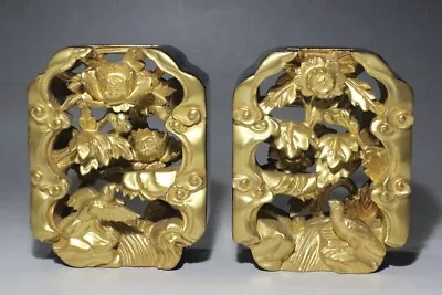 [Y] Japanese Buddhist Art Hand-carved  RANMA-HORI  Gold Powder 2-pcs Flowers NR • £16.05