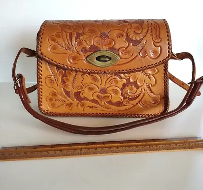 Vintage 1960 Sienna Brown Hand Tooled Leather Mexican Leather Whipstitch Purse • $36