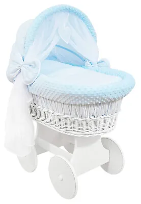 £159.99 • Buy WHITE WICKER WHEELS CRIB/BABY MOSES BASKET + COMPLETE BEDDING Blue/Dimple