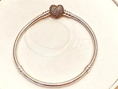 Authentic PANDORA Bracelet Silver Rose Gold Pave CZ Heart Clasp 586292 19cm NEW • $110