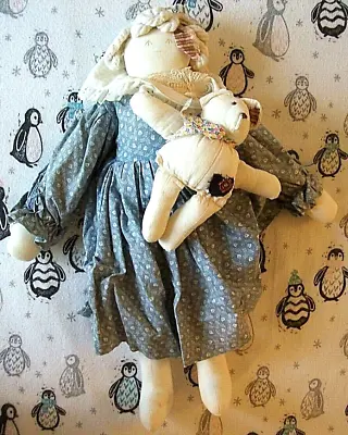 Vintage Rag Doll With Stuffed Bear -Handmade - 17  Tall (Amish Doll?) • $28.98