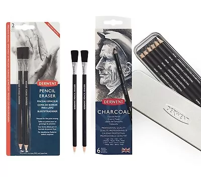 Derwent Charcoal Pencils Drawing & Writing Set Of 6 & Sharpener & Erasers • £10.97