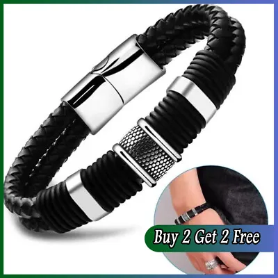 £3.77 • Buy Men's Stainless Steel Leather Bracelet Magnetic Silver Clasp Bangle Black