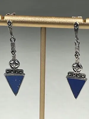 925 Sterling Silver Blue Lapis Lazuli Marcasite Dangle Earrings 1 7/8 Deco 3975 • $18.27