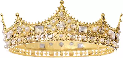 King Crown For Men Crystal Pearl Wedding Tiaras Birthday Party Round Crowns • $28.88