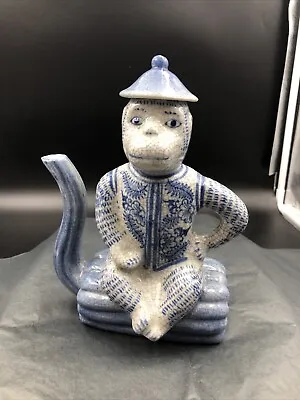 CHINOISERIE Monkey Teapot Blue & White Ceramic Signed Made In China • $89.99