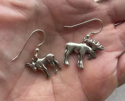 Moose Bull Fawn Earrings Sterling Dangle Hunter Nature Animal Lover Artisan 1.25 • $35