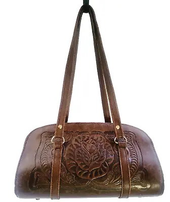 Vintage Tooled Leather Shoulder Bag Etched Brown Medium Sized Made In Mexico • $23.20