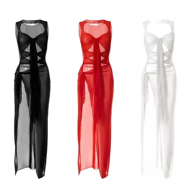 Women Sheer Mesh Sleeveless Cut Out Side Split Maxi-Long Dress Bikinis Cover Up • $25.43