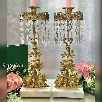 Antique Victorian Girandole Candlesticks Marble Brass Crystal Prisms Single 2* • $688
