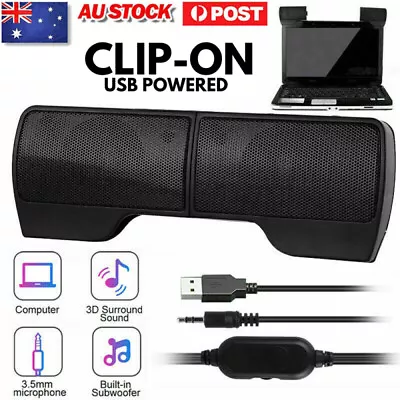 Speakers USB Power Clip-On Computer Stereo Sound Bar 3.5mm For Desktop Laptop PC • $15.89