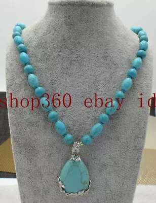 Natural 8mm 8x12mm Blue Turquoise Gemstone Beads Pendant Necklace 18'' AAA • $5.85