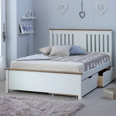 Wooden Storage Bed Chester White And Oak 2 Drawer 2 Size And 4 Mattress Options • £249.99