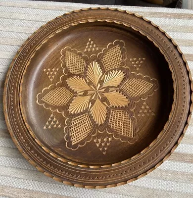 Vintage Hand Carved Wooden Plate Shallow Plate Decorative Bowl Decor  W-29cm VGC • £16.99