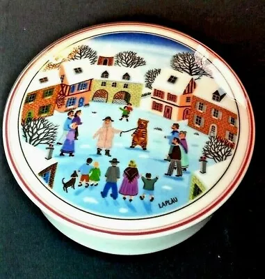 Villeroy Boch Naif Christmas LG Round Candy Box & Lid Red Band Base Laplau HTF  • $22.99