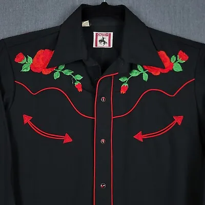 Vintage Chute #1 Shirt Mens 15.5 (Medium) Black Embroidered Roses Western Snap • $66.38