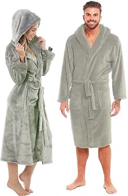 Plus Size Grey Warm Fleece Dressing Gown Hooded Bath Robe Womens Mens Unisex • £14.36