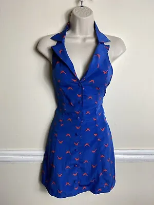 Vanessa Mooney Valentina Blue Bird Print Collared Halter Button Romper Dress XS • $123.21