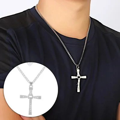Fast And Furious Movie Vin Diesel Cross Diamond Crystal Pendant Silver Necklace • $4.97