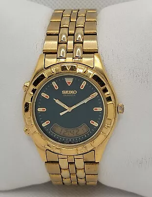  Mens Vintage Seiko Gold Tone Alarm Green Dial Analog Digital Watch H801-7038 I5 • $128.99