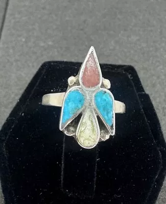 Sterling Silver Vintage Inlay Thunderbird Ring Native Size 5 MOP Coral Turquoise • $35