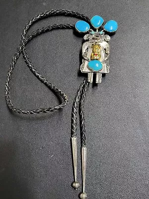 Vintage Navajo Sterling Silver Large  Kachina Turquoise Bolo Tie #2604 • $450