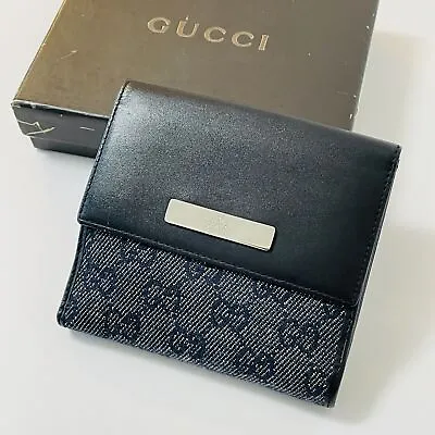 $220.40 • Buy GUCCI Wallet GG Navy Canvas Black Leather Bi-Fold Compact Purse Authentic Box