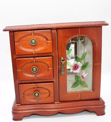 Vintage Wood Armoire Jewery Organizer 3 Drawers Necklace Hanger Mirror Flower • $24.99