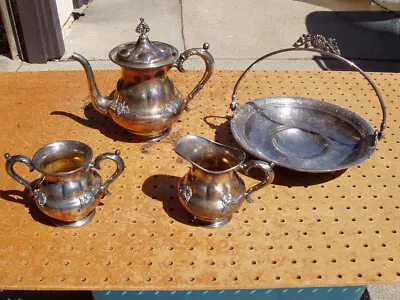 Victor Silver Co Quadruple Plate 2698 Teapot Creamer Sugar + Acme 1007 Basket • $124.99