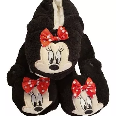 Minnie Mouse Disney Slippers Black Fuzzy Babba Red Bow Girl Shoes Rubber Sole • $12