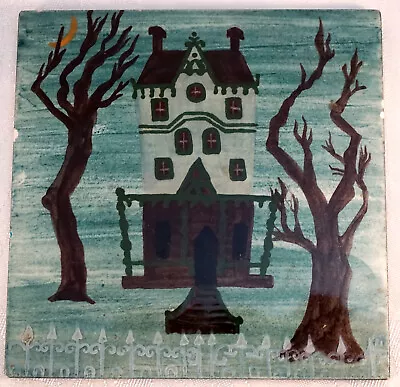 Antique Hand Painted Art Tile / Trivet Spooky Gothic House & Dead Trees • £25.06