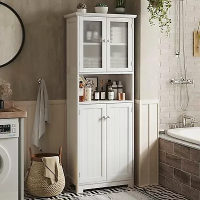 Tall Bathroom Storage Cabinet With Glass Doors And Shelves Large Linen Cabinet • $119.97